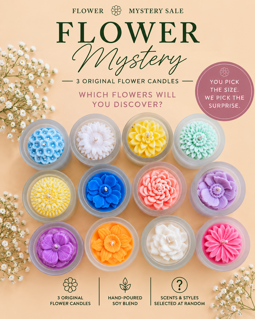 Promotional graphic for a 'Flower Mystery' soy candle bundle, showing nine small round containers filled with colorful flower-shaped candles in shades of blue, white, mint, yellow, orange, pink, and purple. The background is a warm peach-beige color with decorative white baby's breath flowers in the corners and text detailing the mystery sale.