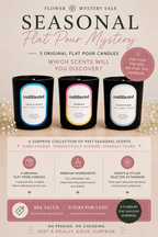 Promotional graphic for a 'Flower Mystery Sale' featuring three 'multifaceted' flat pour candles in black jars with blue, pink, and white labels. The design uses a soft beige and dusty rose color palette with decorative floral elements, detailing the scents: Black Rose, Summer, and Rainstorm.