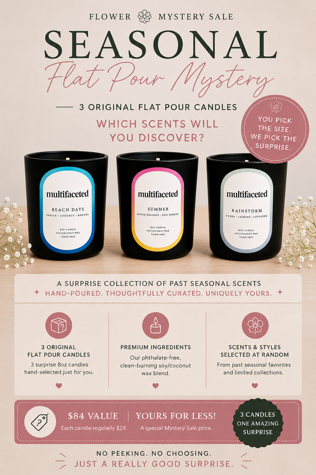 Promotional graphic for a 'Flower Mystery Sale' featuring three 'multifaceted' flat pour candles in black jars with blue, pink, and white labels. The design uses a soft beige and dusty rose color palette with decorative floral elements, detailing the scents: Black Rose, Summer, and Rainstorm.